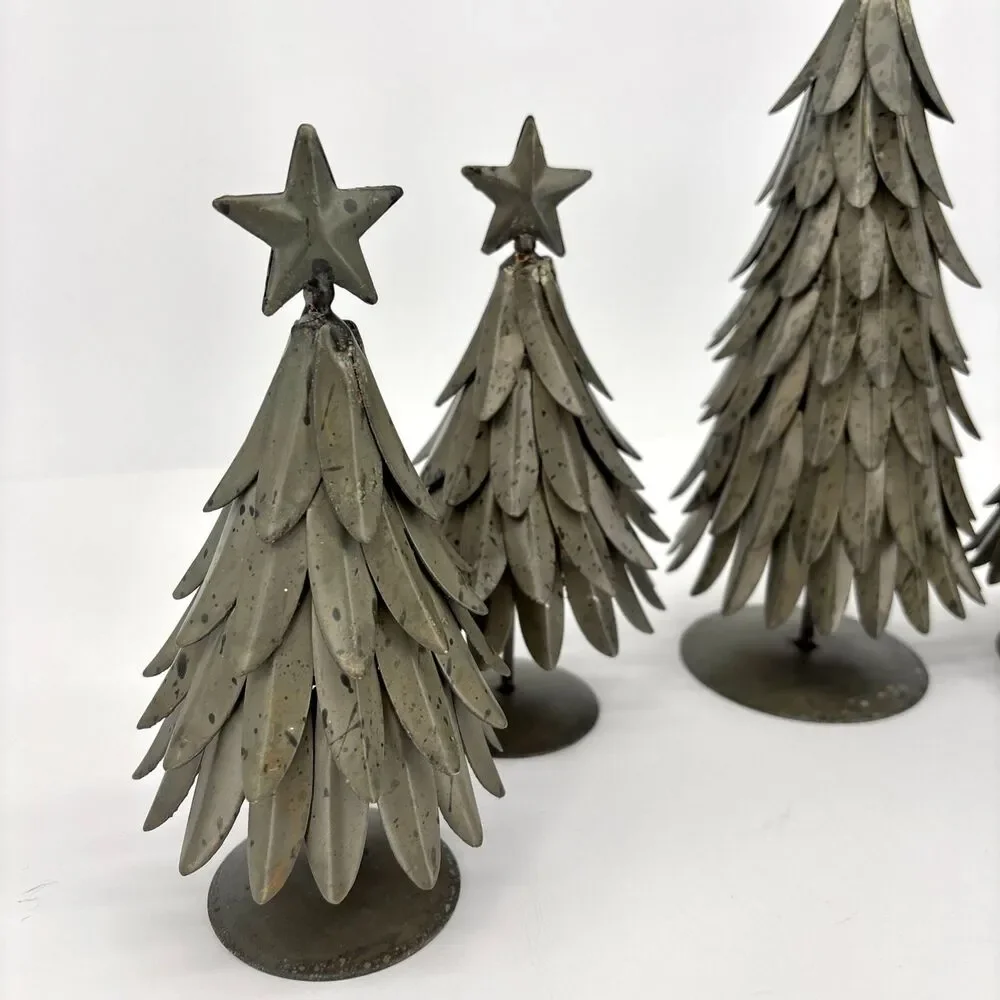Set of 5 POTTERY BARN Galvanized Village Star Topped Trees Small & Large VTG